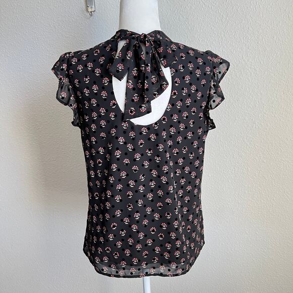 Dr2 Black Velvet Polka Dot Floral Back Tie Blouse Women's M Flutter Sleeve Top - Picture 4 of 7